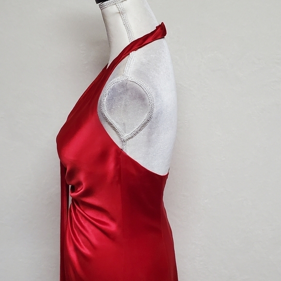 Vintage 90s ABS Evening Red Charmeuse Satin Halter Plunging Neckline Maxi Dress - Picture 11 of 15